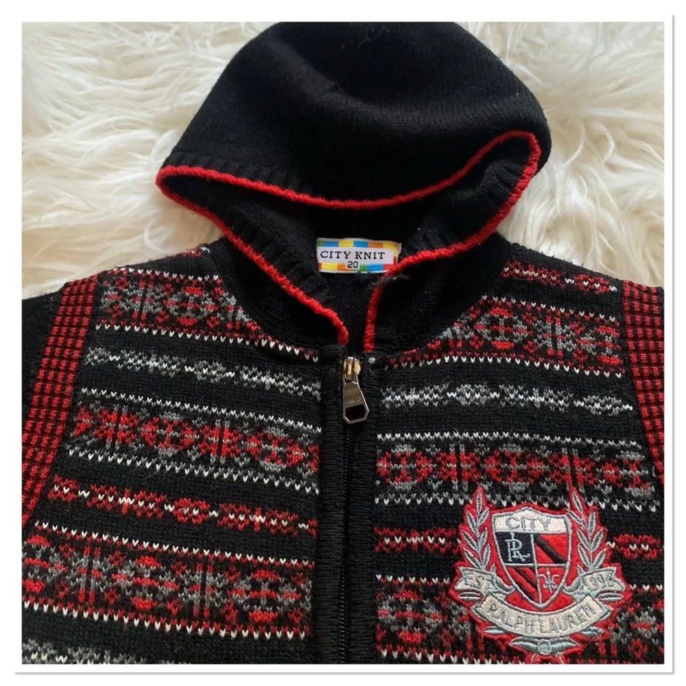 City Knit Ralph Lauren Fair Aisle Hooded Sweater Black Red Size 20 US 3